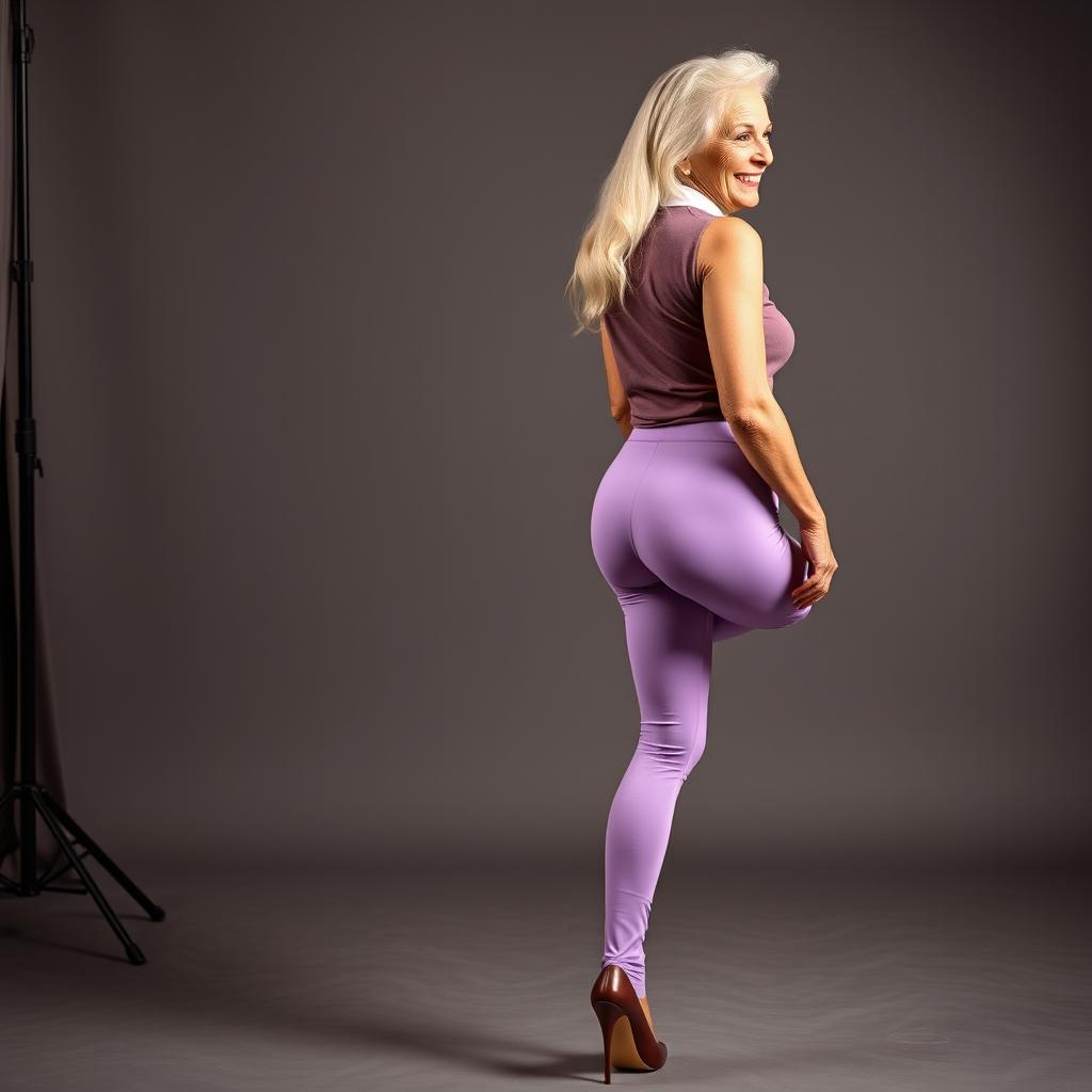 A 90-year-old woman with long hair and wide hips is wearing extremely tight lilac leggings that accentuate her backside, paired with a stylish short top
