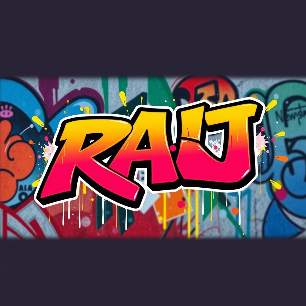 The word 'RAJ' stylized in a bright, vibrant graffiti font, where the letter 'J' is creatively transformed so that the bottom half resembles the letter 'Y'