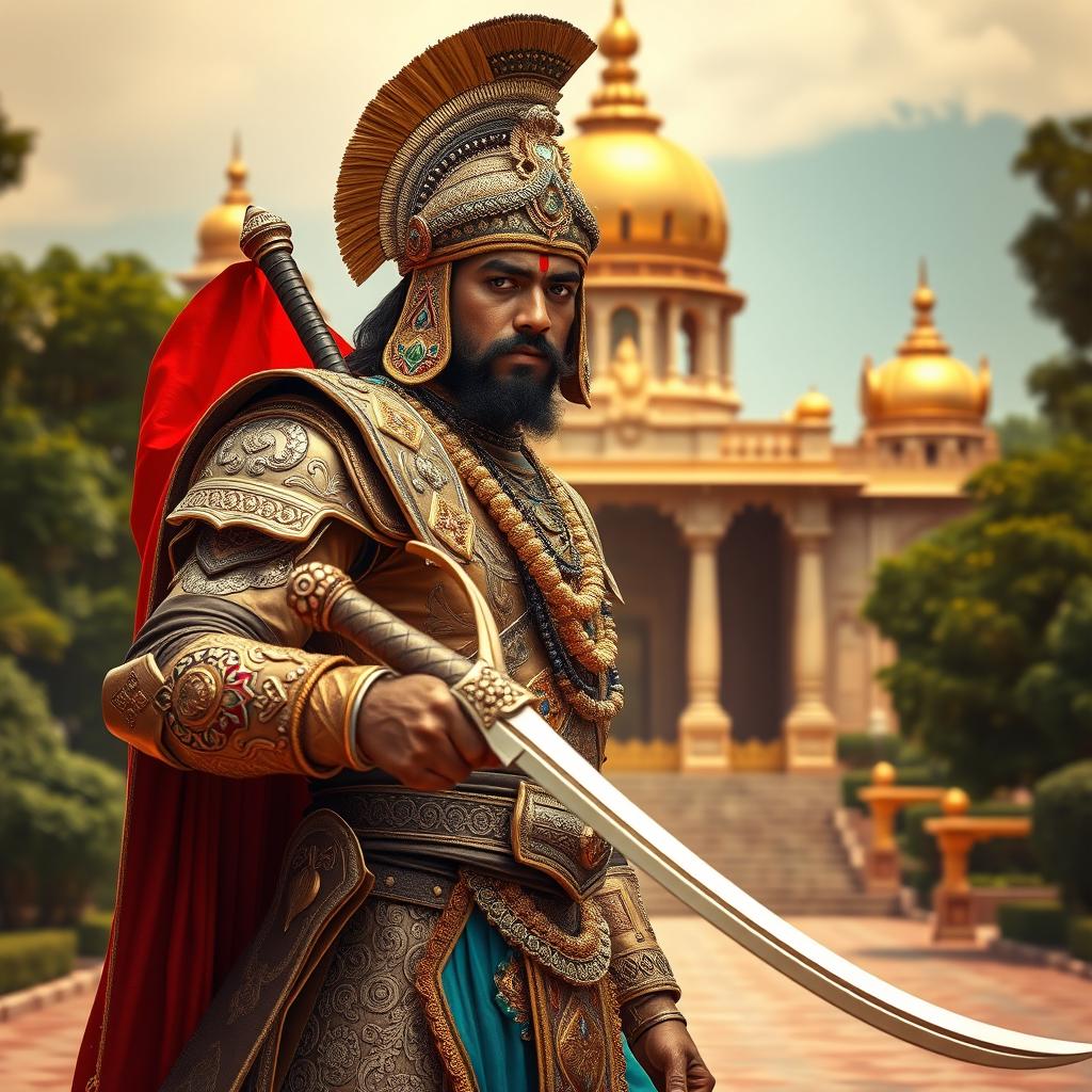 A stunning portrait of a traditional Indian warrior, known as Rajy, dressed in ornate armor adorned with intricate patterns and vibrant colors