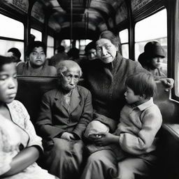 A mother and her 10-year-old child are seated in a crowded bus, which includes a street musician, a peddler, a conductor, an elderly man, and a sleeping woman.