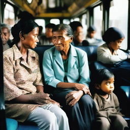 A mother and her 10-year-old child are seated in a crowded bus, which includes a street musician, a peddler, a conductor, an elderly man, and a sleeping woman.