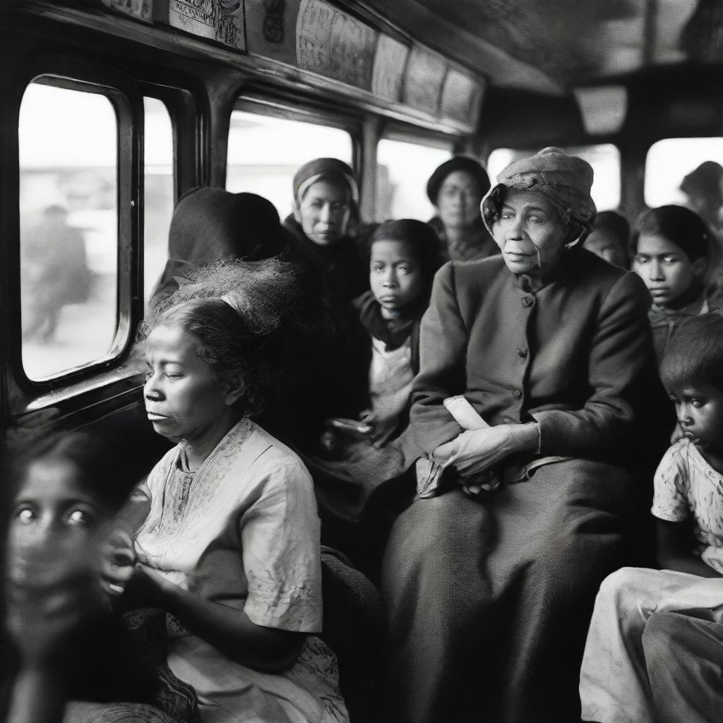 A mother and her 10-year-old child are seated in a crowded bus, which includes a street musician, a peddler, a conductor, an elderly man, and a sleeping woman.