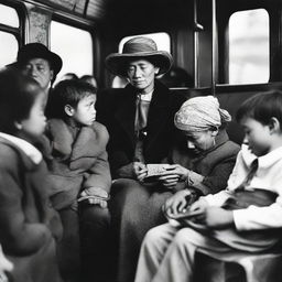 A mother and her 10-year-old child are seated in a crowded bus, which includes a street musician, a peddler, a conductor, an elderly man, and a sleeping woman.