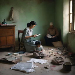 In a shabby room, a father is sewing, a mother is sweeping, and a girl is studying on the floor.