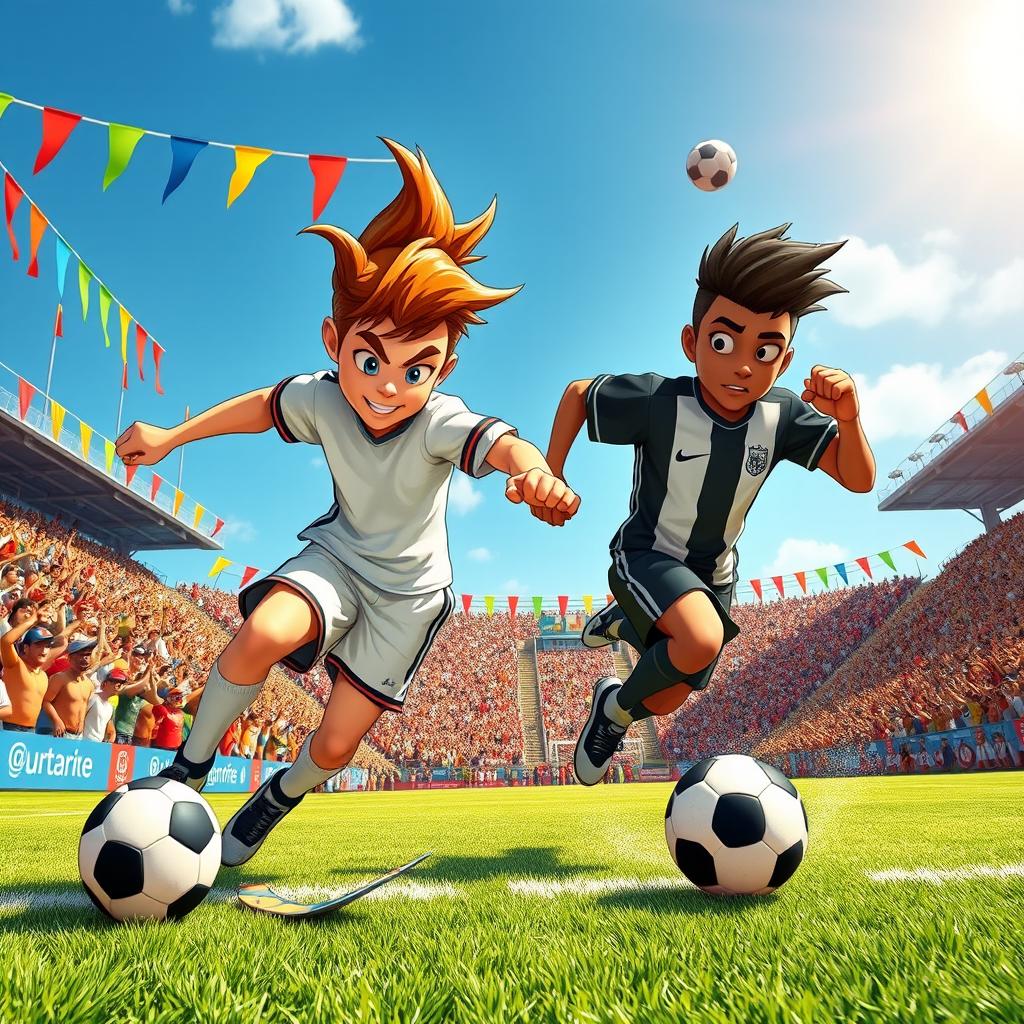 A vibrant and dynamic scene capturing the essence of two iconic football characters, resembling Holly and Benji, as they engage in a thrilling soccer match on a sunny day