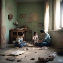 In a shabby room, a father is sewing, a mother is sweeping, and a girl is studying on the floor.