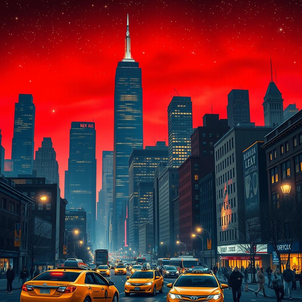 A realistic nighttime scene of New York City with vibrant red sky filled with stars, featuring iconic skyscrapers and city lights reflecting off the buildings