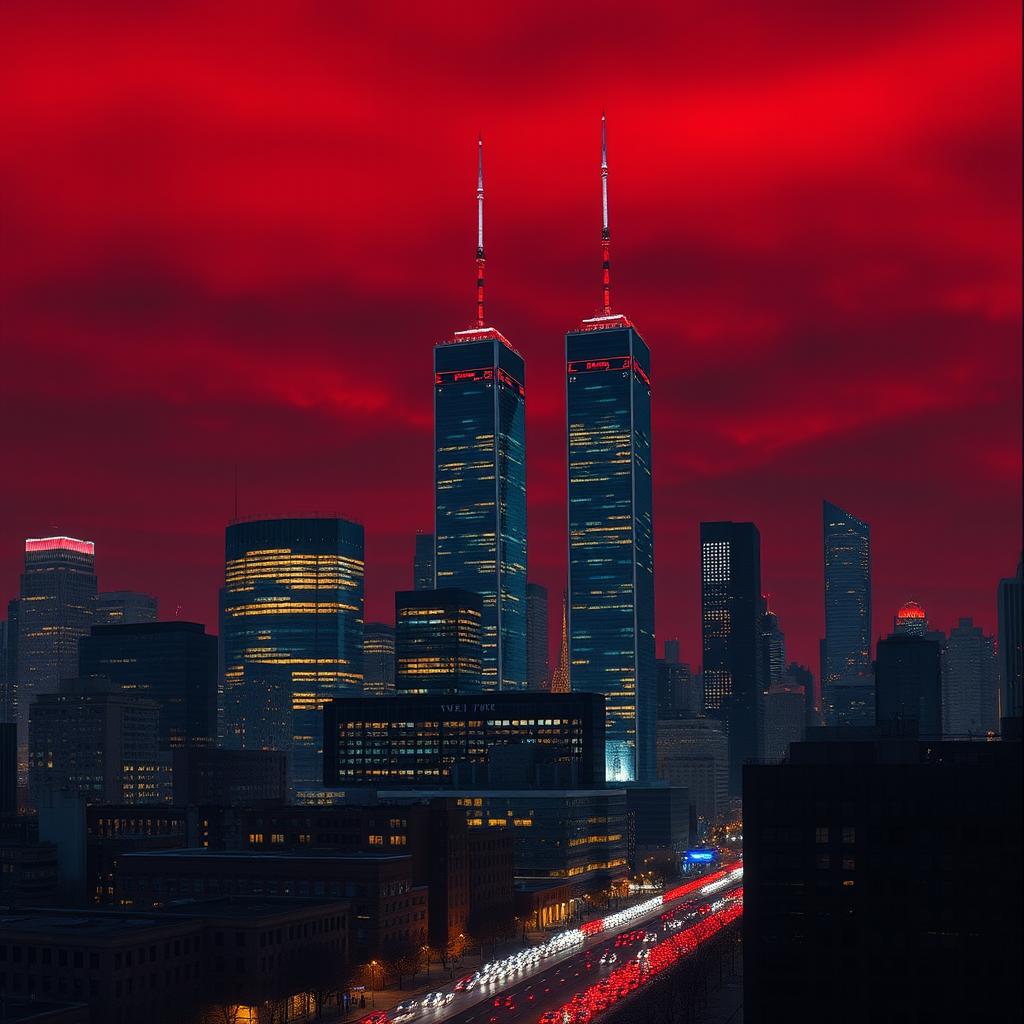 A realistic nighttime scene of New York City featuring the Twin Towers, illuminated against a dramatic red sky