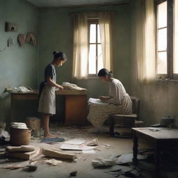 In a shabby room, a father is sewing, a mother is sweeping, and a girl is studying on the floor.