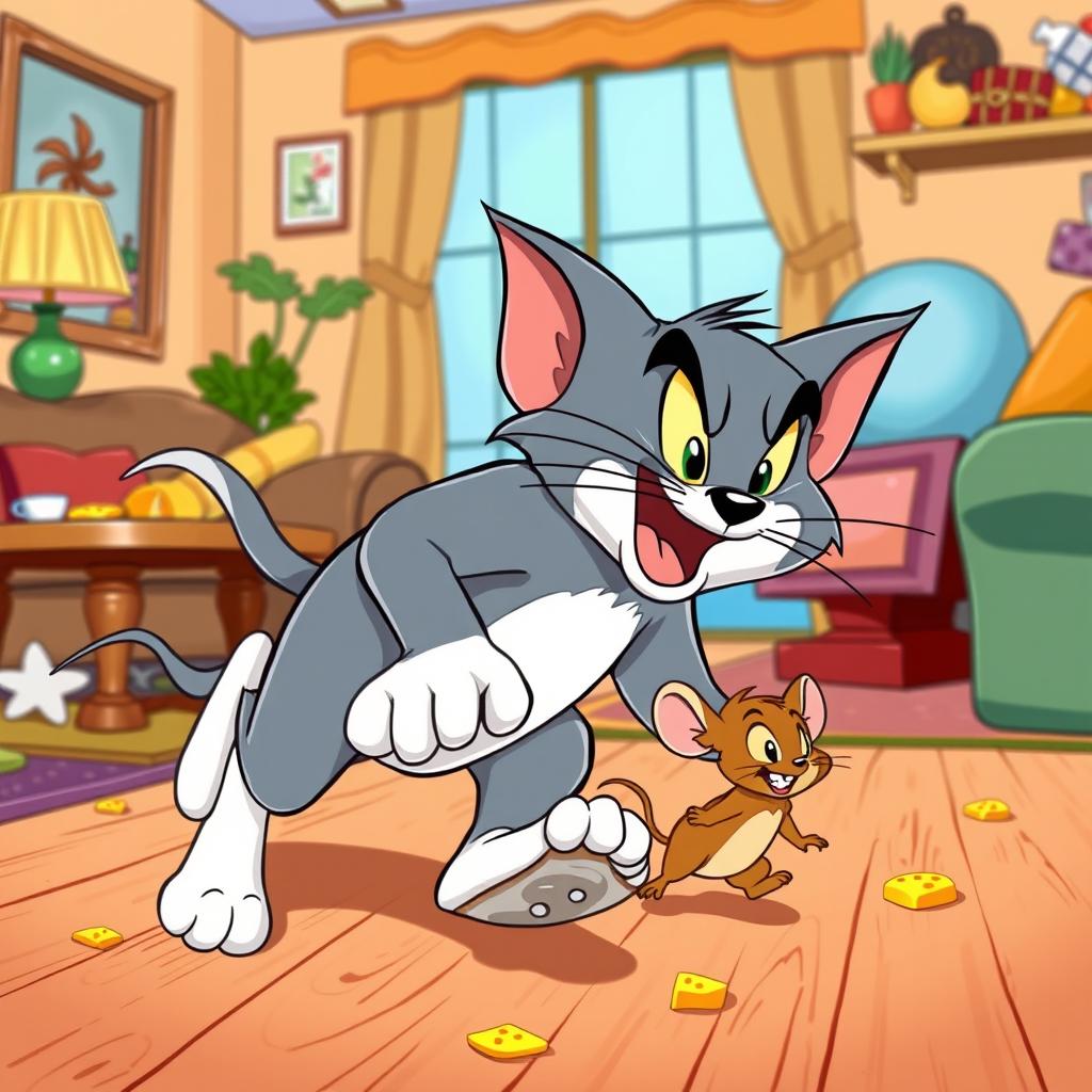 A vibrant and colorful 2D cartoon scene inspired by classic Tom and Jerry, featuring the iconic characters in a playful chase