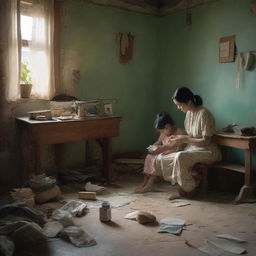 In a shabby room, a father is sewing, a mother is sweeping, and a girl is studying on the floor.