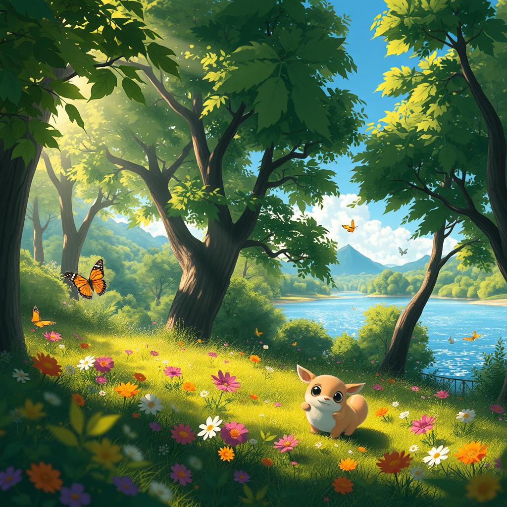 A serene forest scene filled with vibrant, fantastical flora and gentle, magical creatures inspired by Studio Ghibli's enchanting animation style