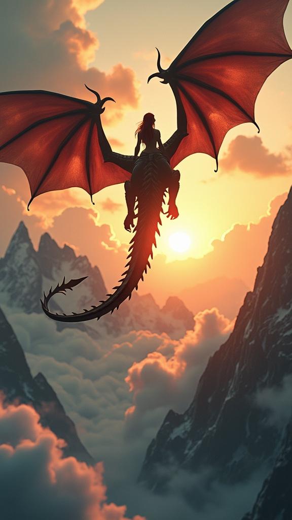 A fantasy image featuring a warrior woman flying on a dragon, depicted from the back