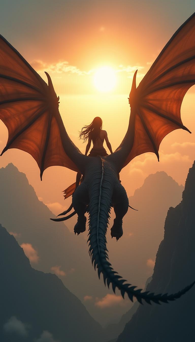 An enchanting fantasy scene depicting a warrior woman flying high on a formidable dragon
