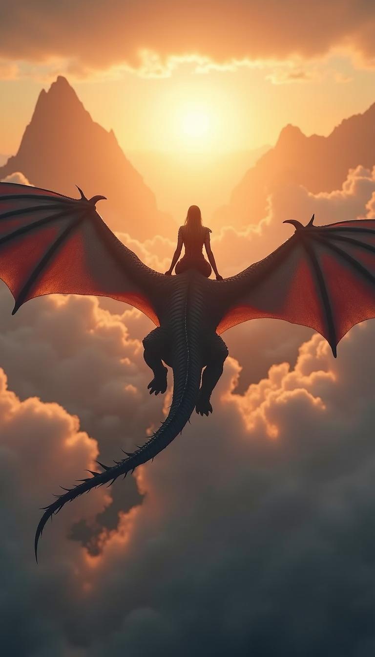 A majestic fantasy scene featuring a warrior woman flying on a magnificent dragon, seen from behind