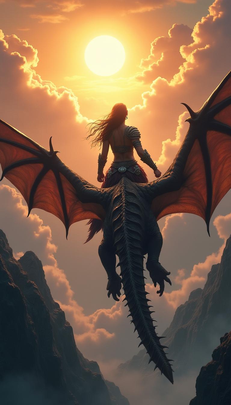 A fantasy scene depicting a warrior woman flying on a dragon, seen from the back