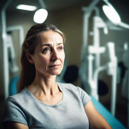 An individual in a physiotherapy clinic, their face expressing a moment of realization, surrounded by physiotherapy equipment. Dim lighting sets a dramatic tone.