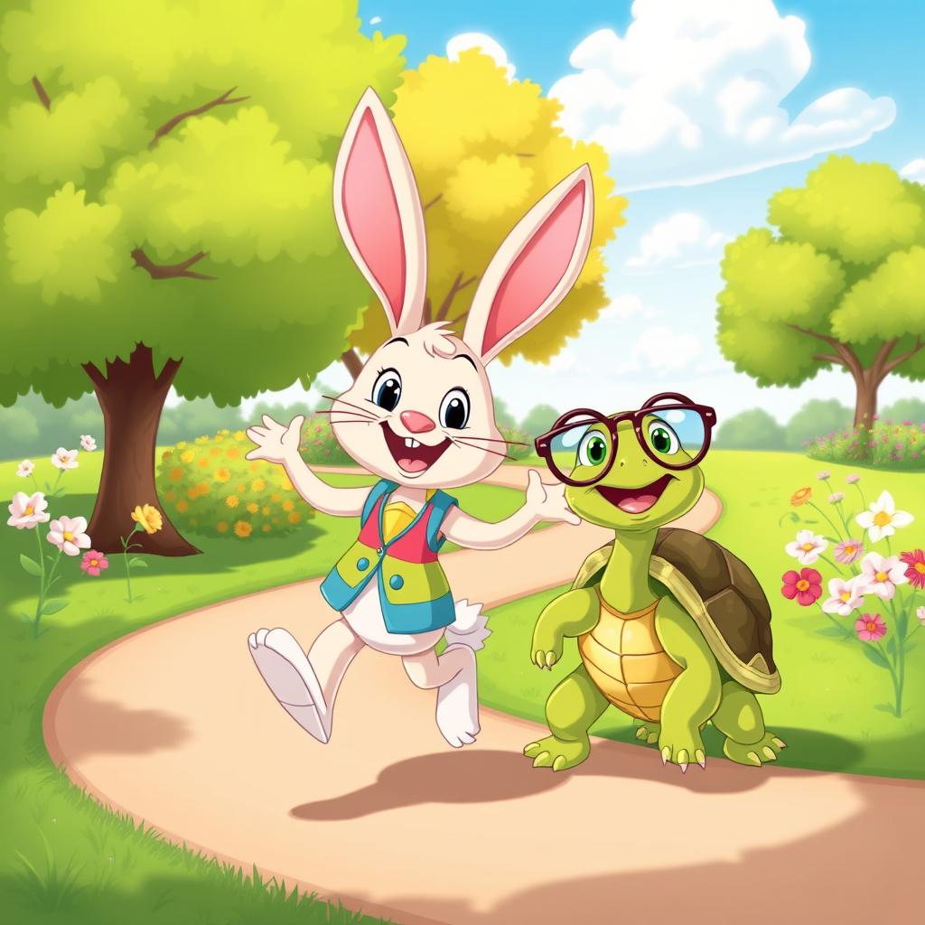 Whimsical Cartoon Scene with Cheerful Rabbit and Friendly Turtle | Idyllic