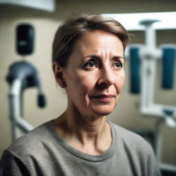 An individual in a physiotherapy clinic, their face expressing a moment of realization, surrounded by physiotherapy equipment. Dim lighting sets a dramatic tone.