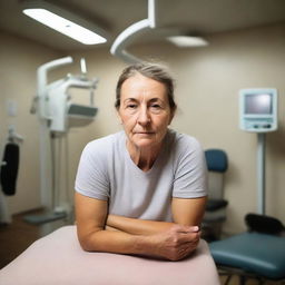 An individual in a physiotherapy clinic, their face expressing a moment of realization, surrounded by physiotherapy equipment. Dim lighting sets a dramatic tone.