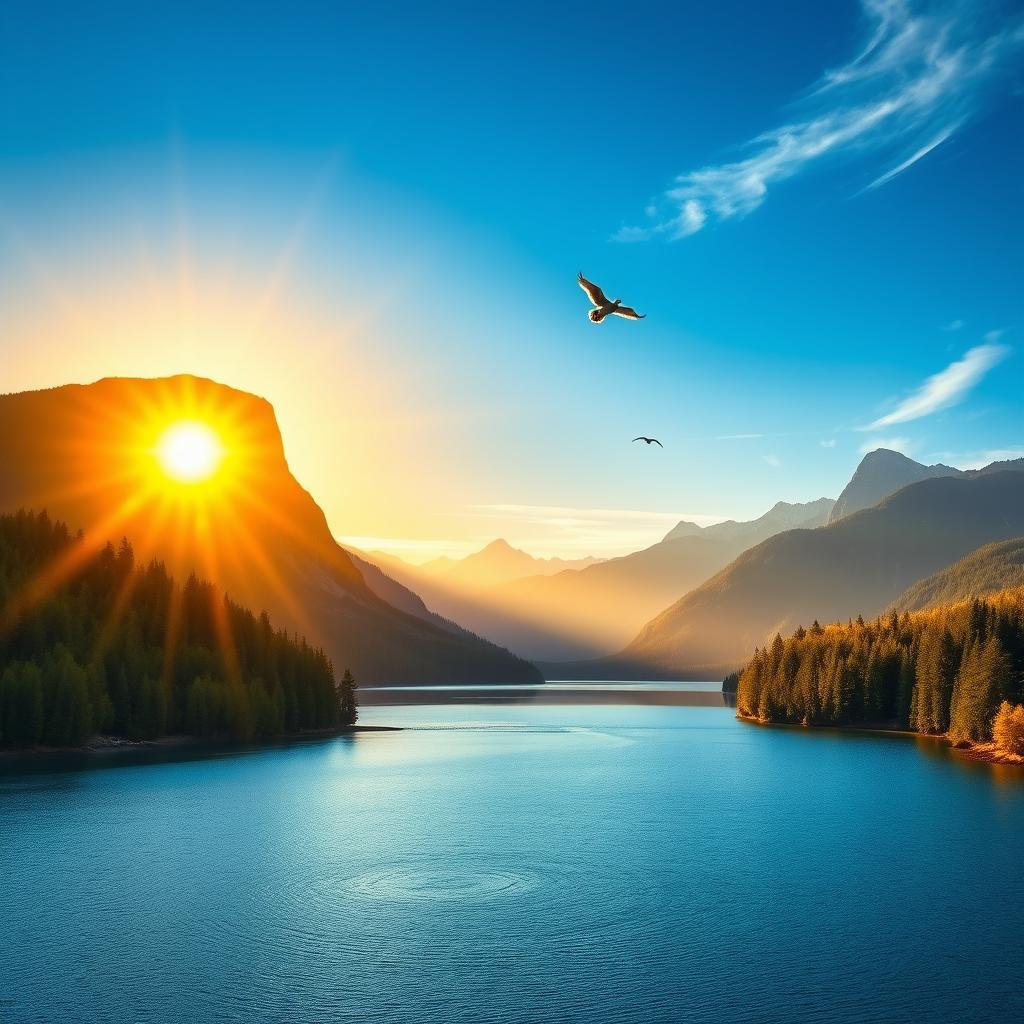 An extremely vivid Ultra HD photograph depicting a breathtaking nature scene with dramatic mountains towering in the background, lush green forests in the foreground, and a sparkling lake reflecting the vibrant blue sky