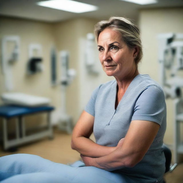 An individual in a physiotherapy clinic, their face expressing a moment of realization, surrounded by physiotherapy equipment. Dim lighting sets a dramatic tone.