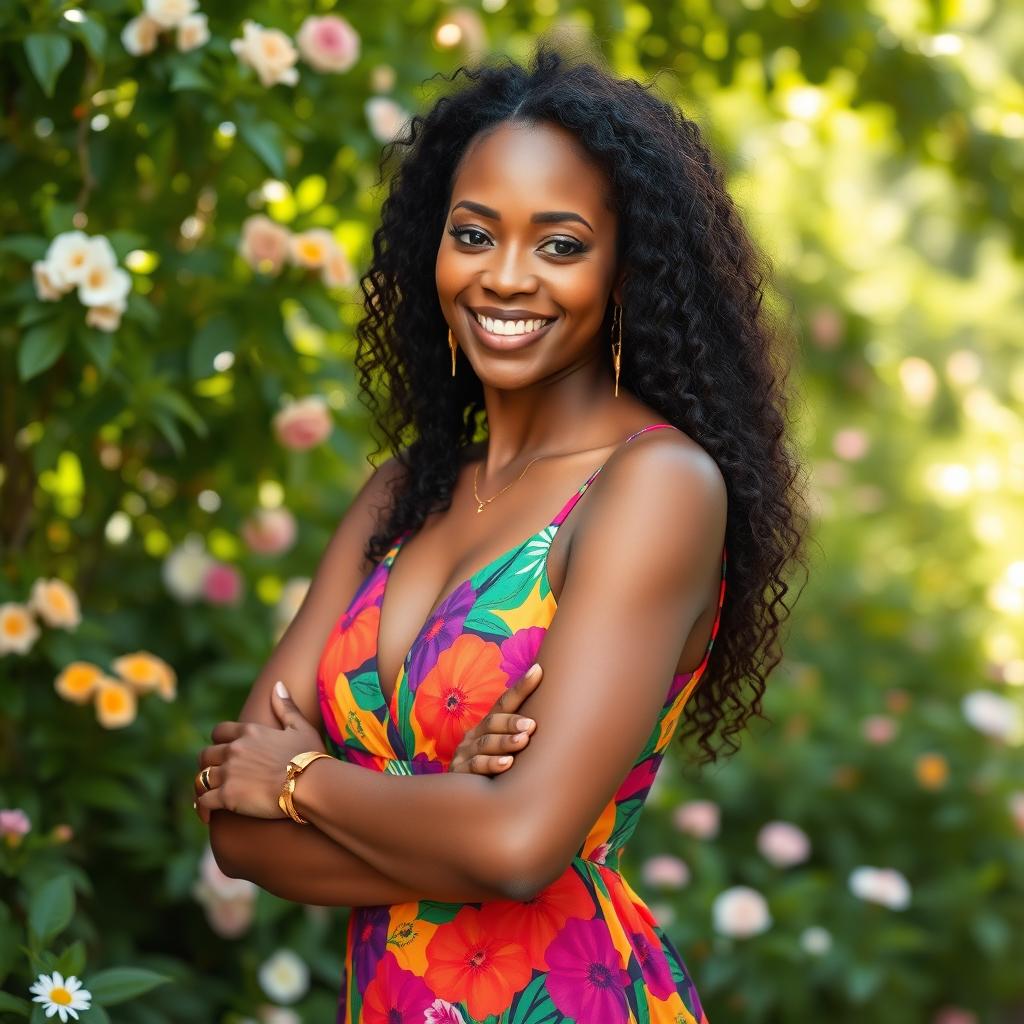 A beautiful black woman with long, curly hair, wearing a vibrant, colorful dress