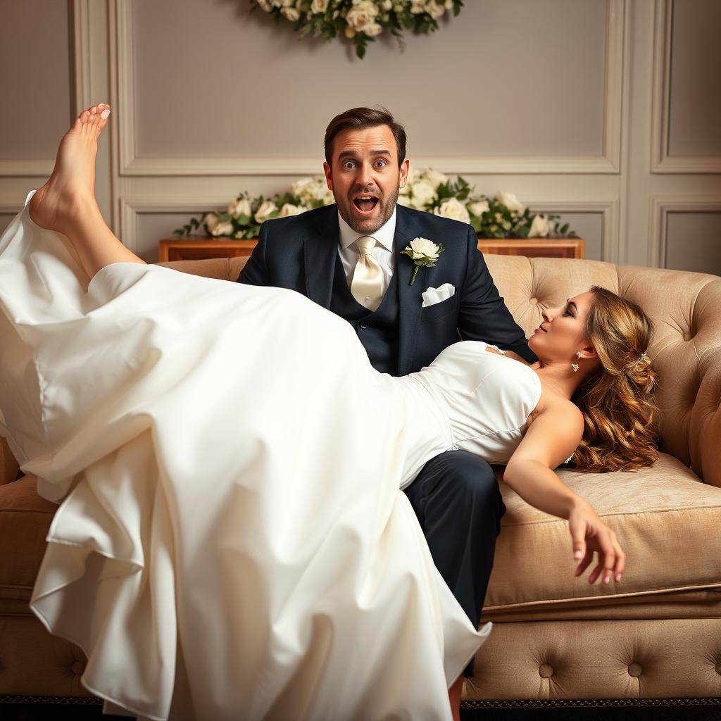 A well-dressed man in a suit sitting on a sofa with a surprised expression as a bride wearing a wedding dress falls into his lap