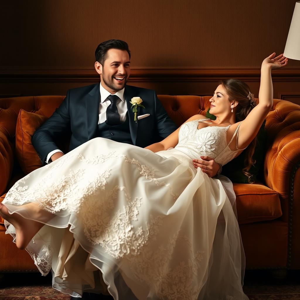 A man in a tailored suit sitting comfortably on a plush sofa, exuding elegance and charm