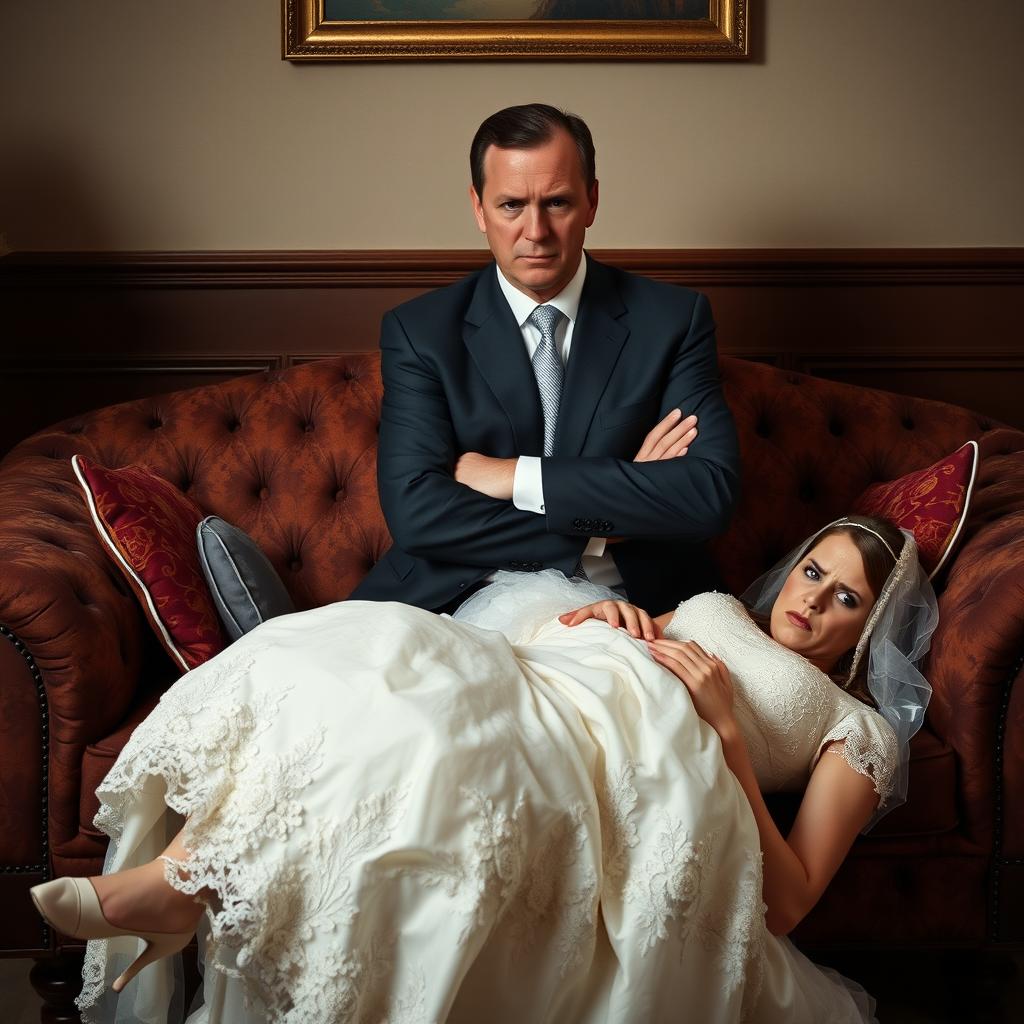 A man in a tailored suit sitting on a plush sofa, looking visibly irritated, with his arms crossed