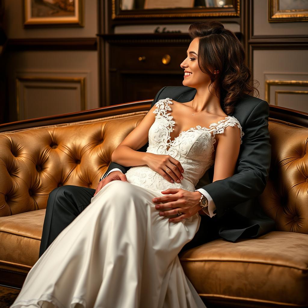 A handsome man in a tailored suit sitting on a luxurious sofa, looking charming and confident
