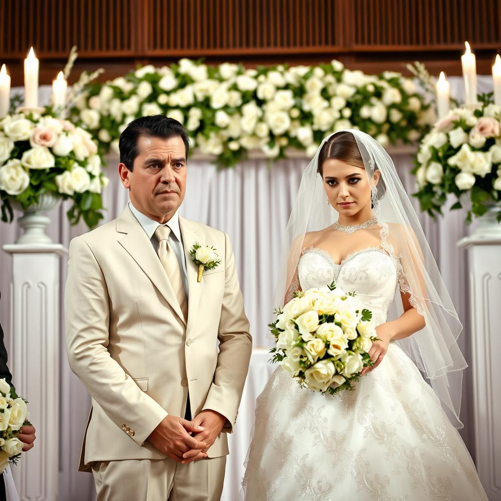 A couple standing at the altar for a wedding ceremony, both displaying clear signs of distaste for each other