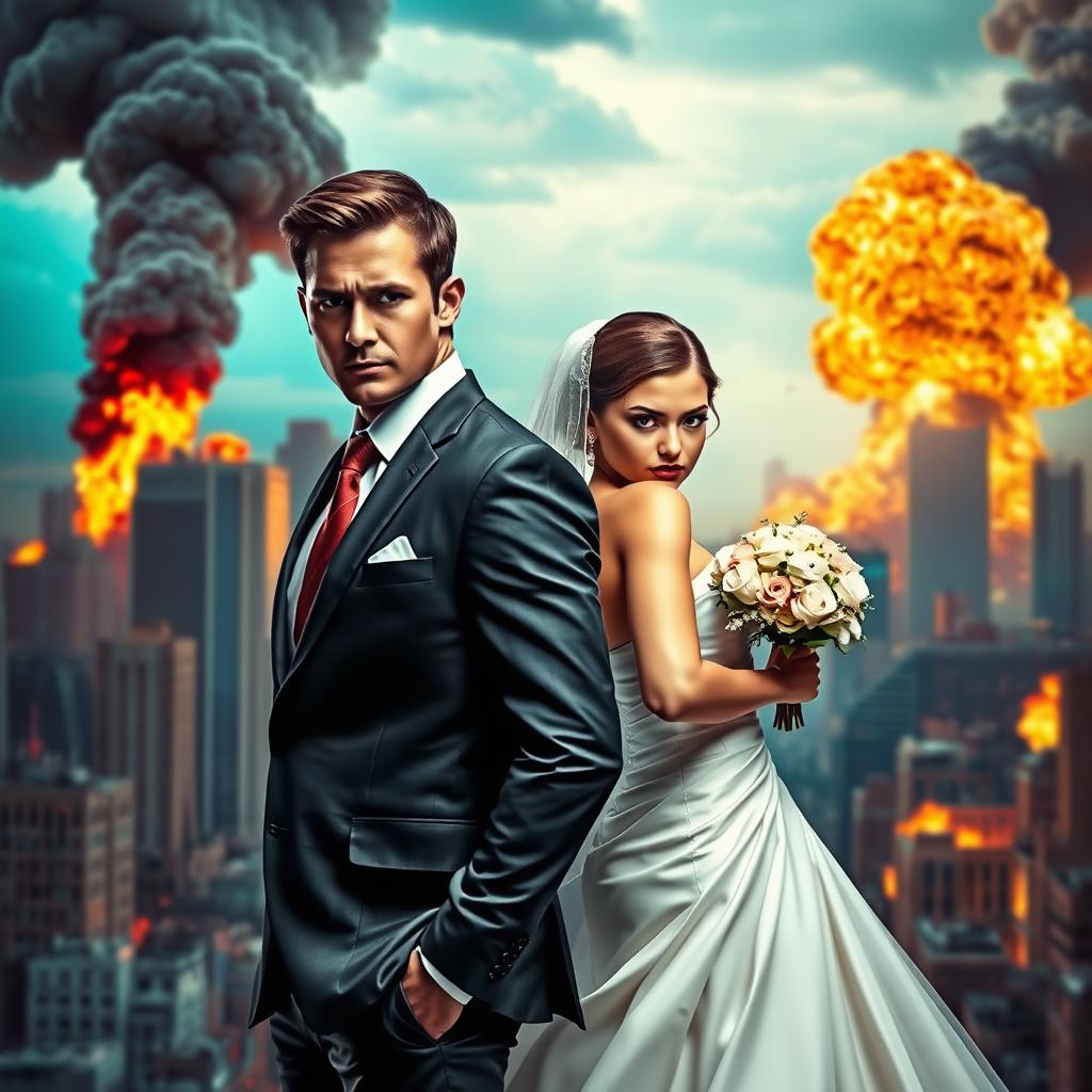 A handsome man in a sharp suit and a young woman in a beautiful wedding gown stand back to back, both looking serious and determined