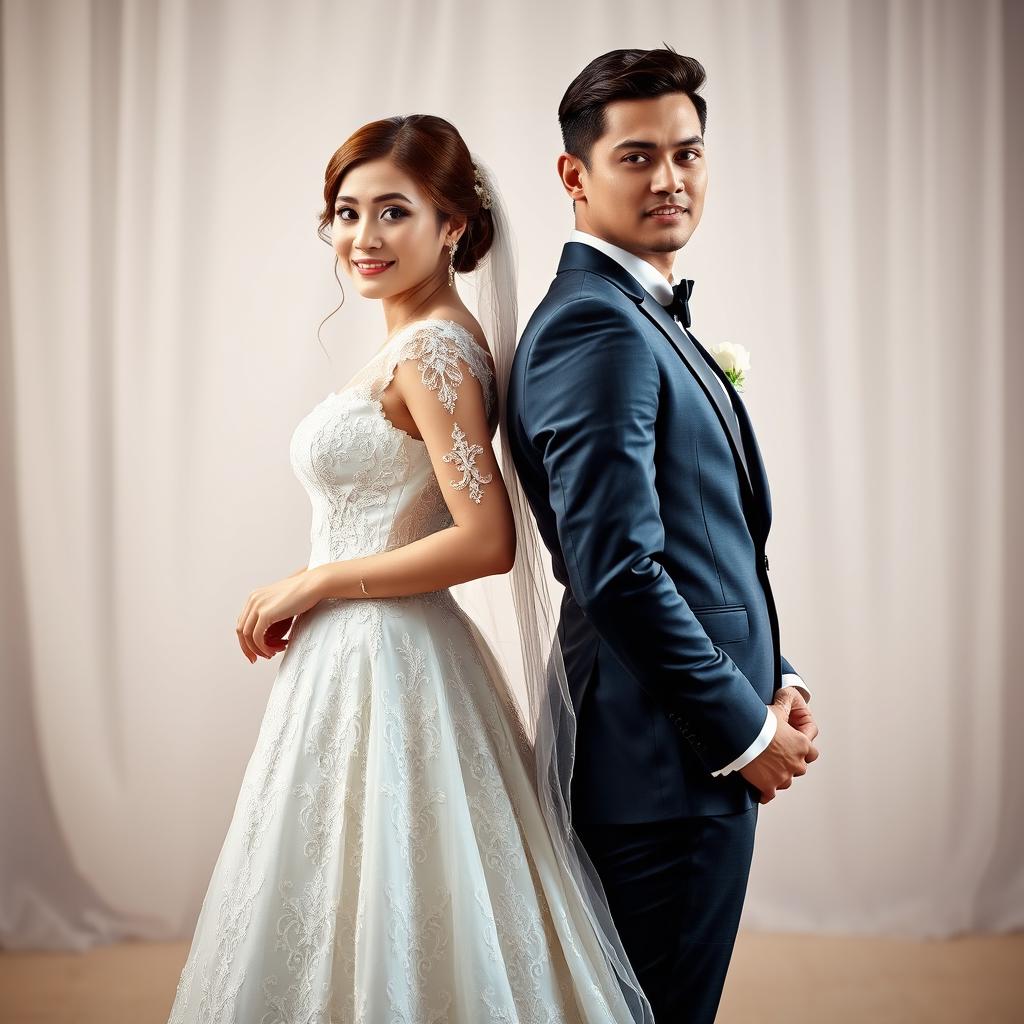 A handsome man dressed in a stylish suit and a young woman in an exquisite wedding gown stand back to back, creating a visually striking composition