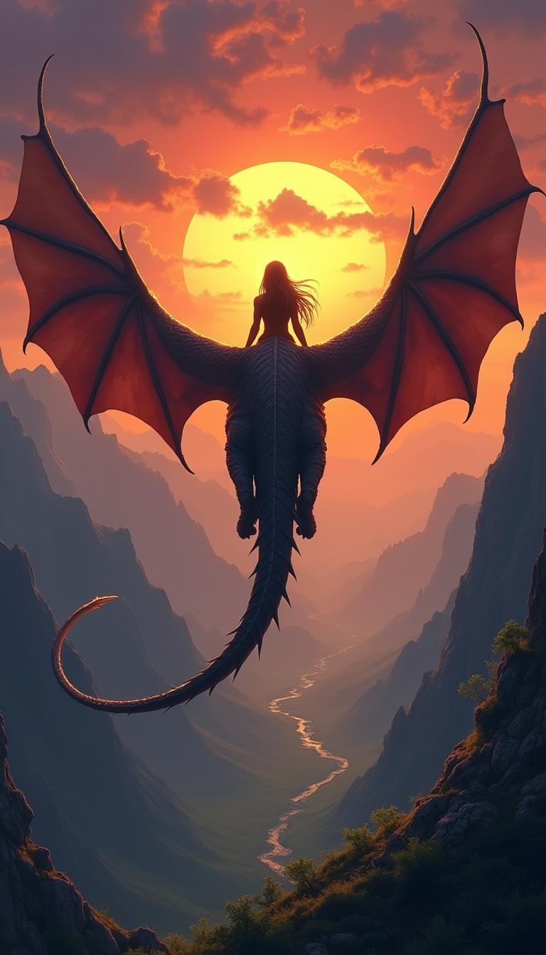 A stunning fantasy book cover depicting a warrior woman riding a gigantic dragon, showcasing both her back and the dragon’s powerful back
