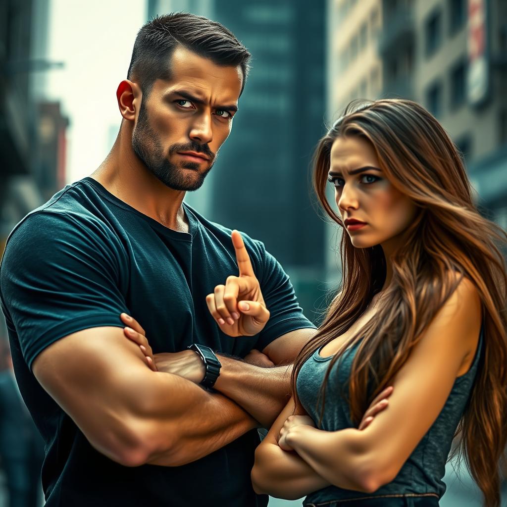 A tall, strong, and handsome man with striking green eyes stands with his arms crossed, facing a beautiful young woman who has long, flowing hair