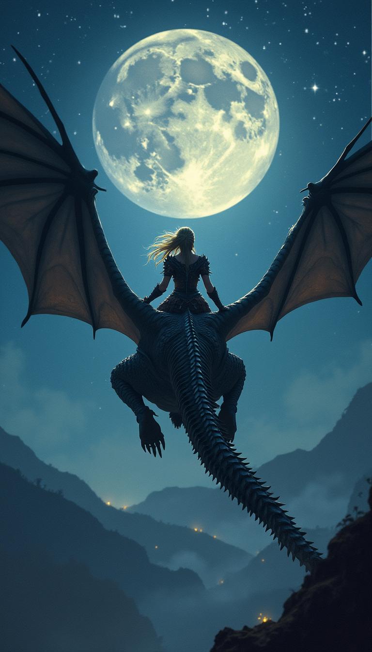 A captivating fantasy book cover featuring a powerful warrior woman flying on a massive dragon during the night