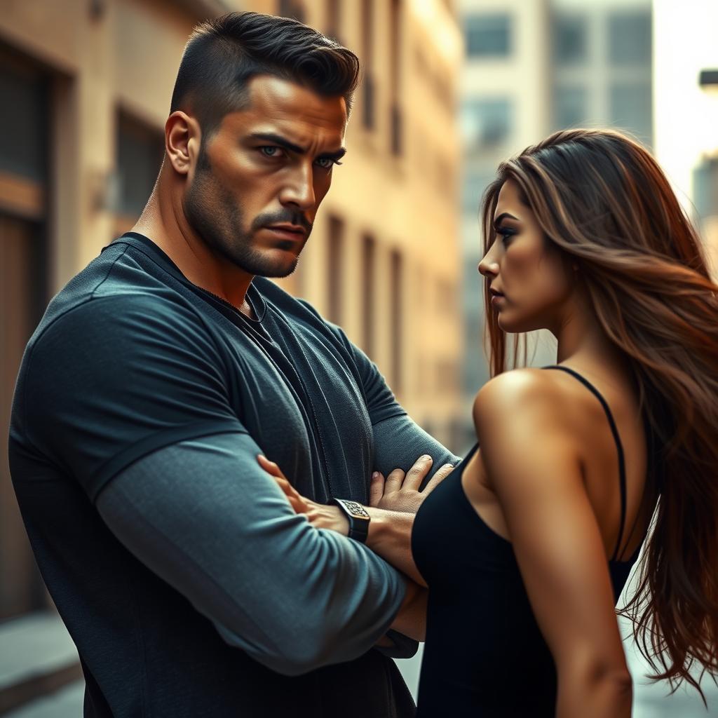 A tall, strong, and handsome man with captivating green eyes stands with his arms crossed, facing a beautiful young woman with long, flowing hair