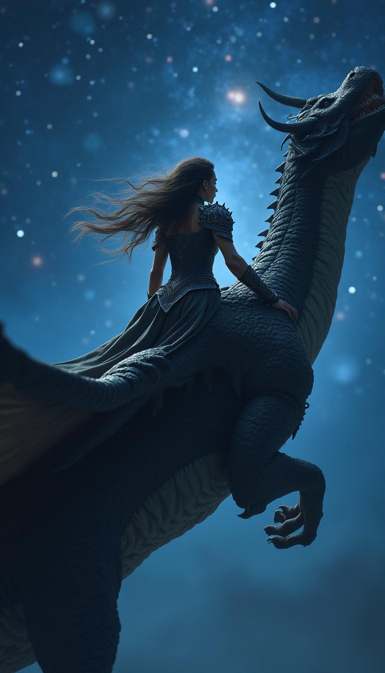 A captivating fantasy cover depicting a brave warrior woman flying high on a colossal dragon during the night