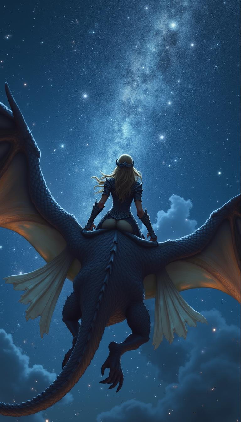 A breathtaking fantasy cover illustrating a courageous warrior woman flying on a gigantic dragon amidst the night sky