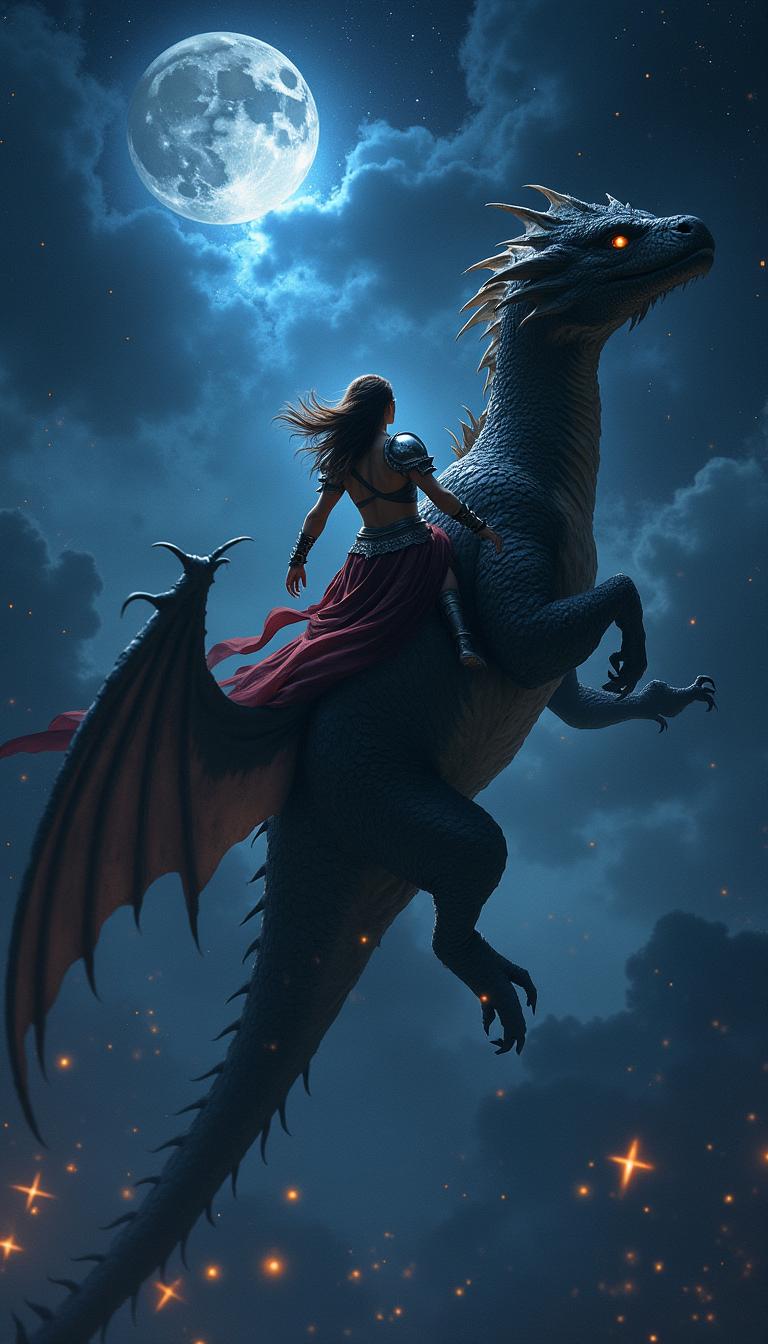An exhilarating fantasy cover depicting a valiant warrior woman riding high on a colossal dragon through a starlit night