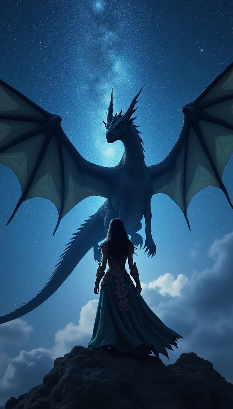 A mesmerizing fantasy cover featuring a brave warrior woman and her enormous dragon flying through a star-filled night sky