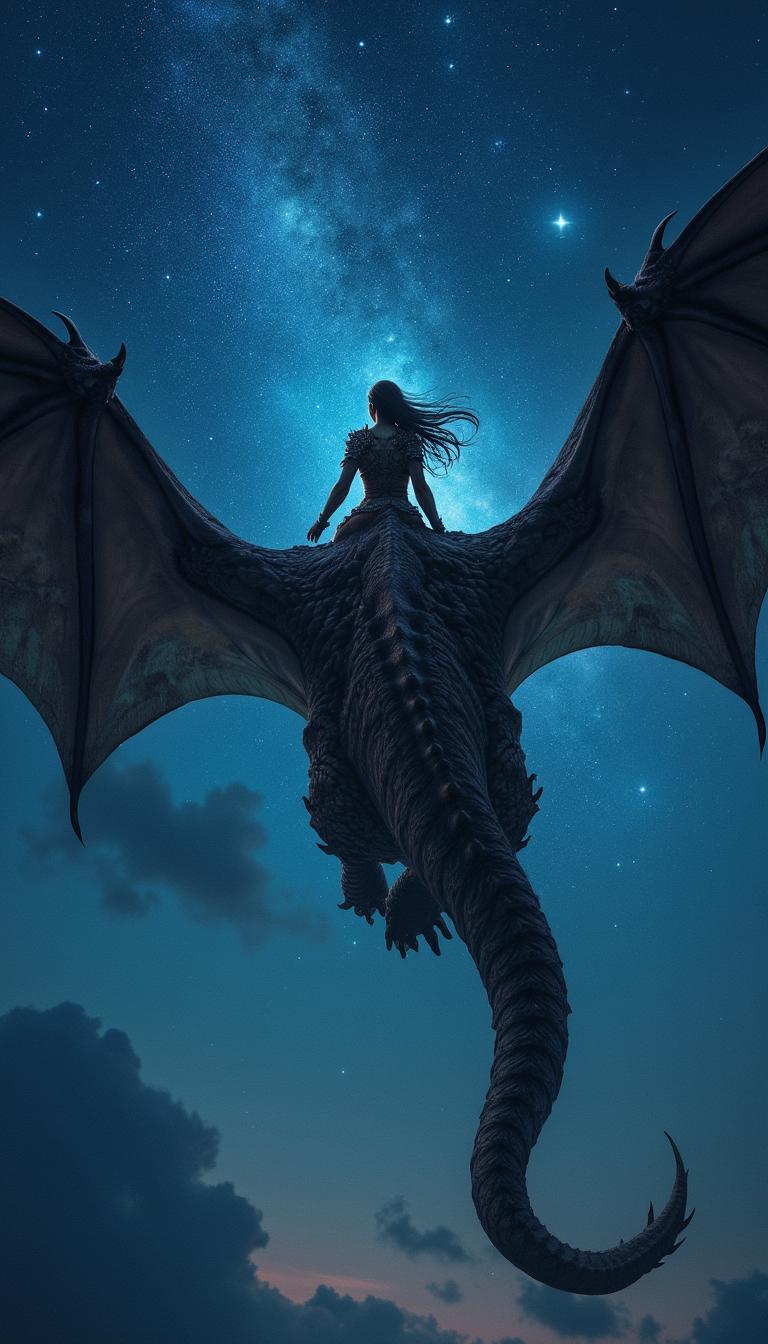 An enchanting fantasy cover featuring a brave warrior woman flying atop a colossal dragon under the night sky