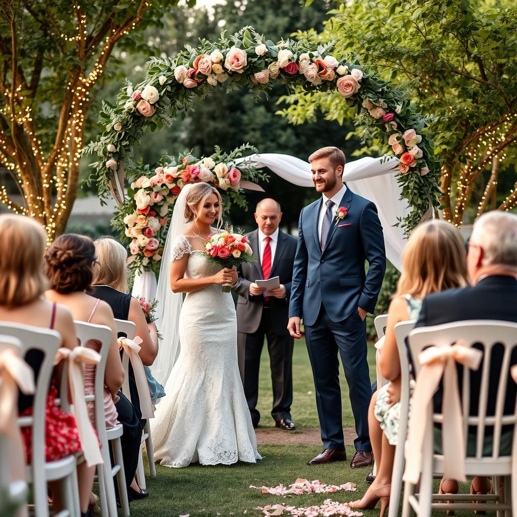 A beautifully decorated wedding scene featuring an elegant outdoor ceremony under a floral arch, with soft pastel colors
