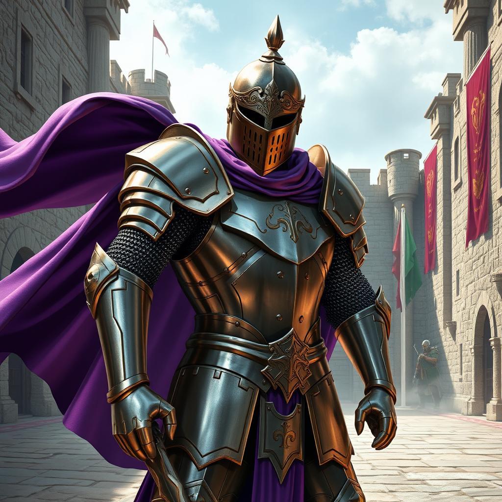 A powerful knight clad in heavy, shining metal armor, exuding an aura of strength and authority