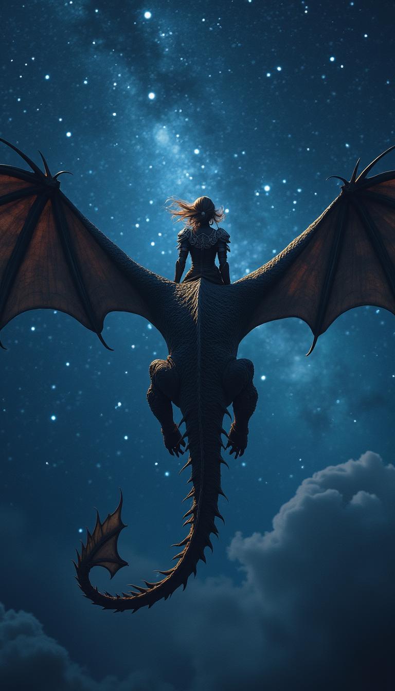 An enchanting fantasy cover featuring a warrior woman flying on a dragon at night