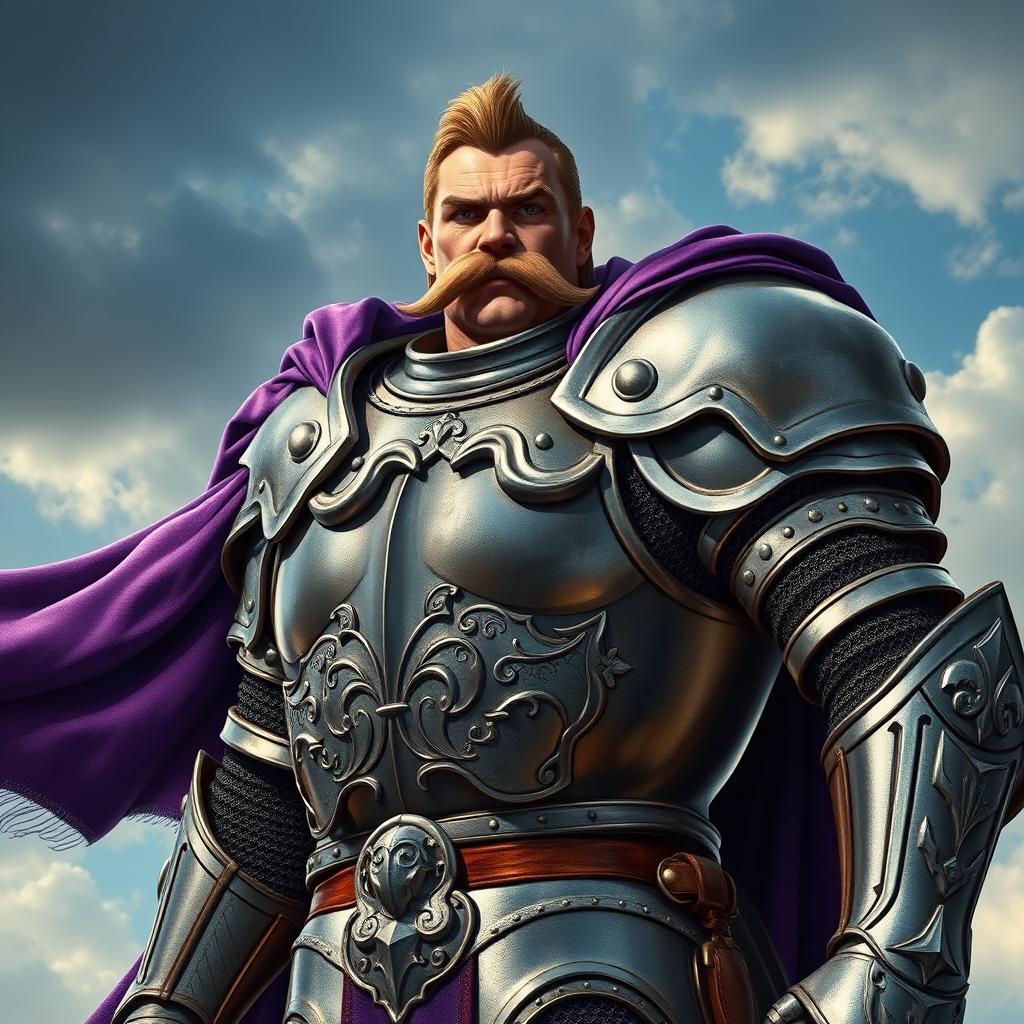 A powerful knight in heavy armor, showcasing intricate metal plating and adorned with a majestic purple cape flowing behind him