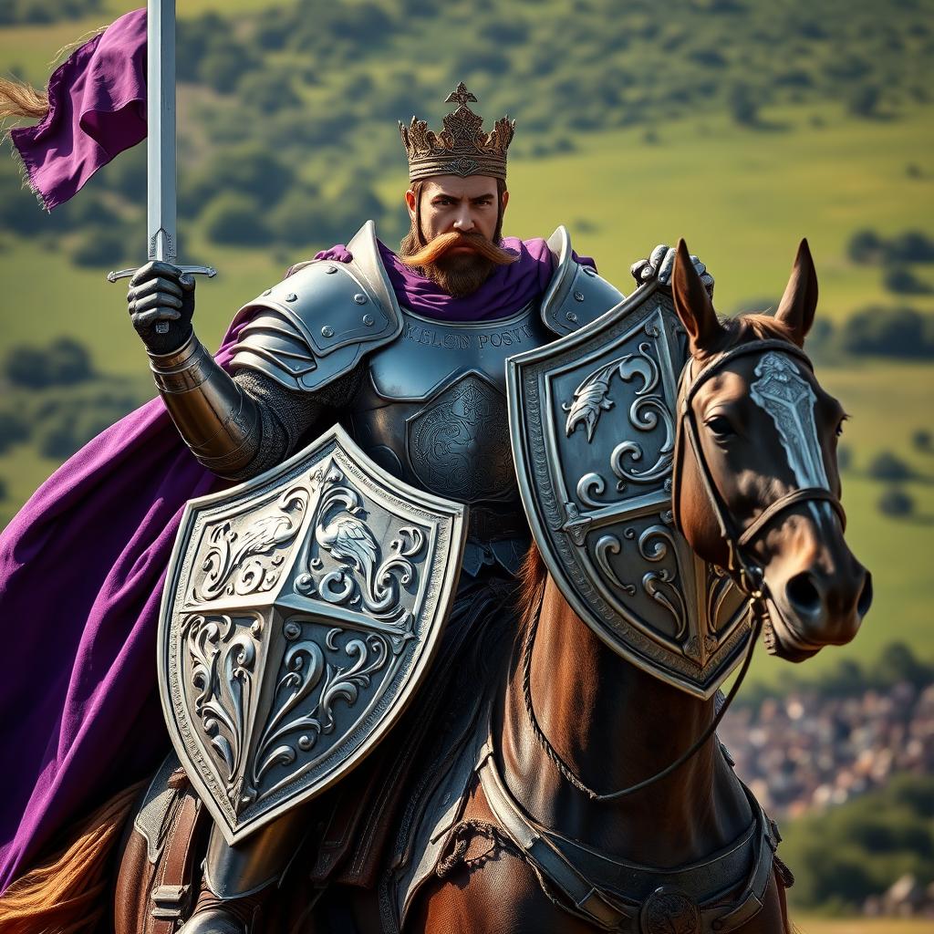 A majestic royal knight clad in heavy, intricately designed armor, showcasing strength and valor