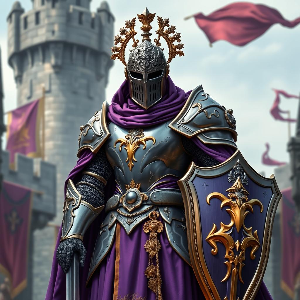 A regal purple knight adorned in heavy, intricately designed armor, showcasing a majestic helmet with ornate decorations