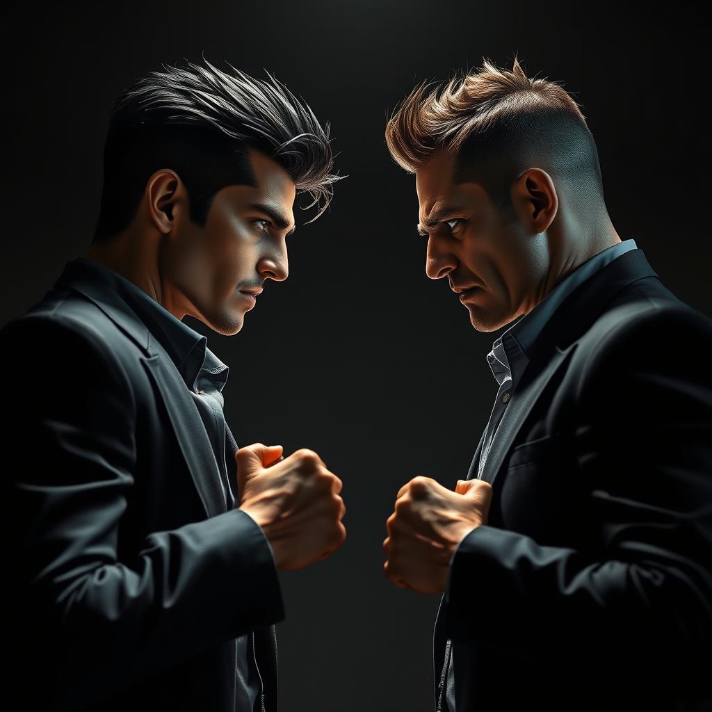 An intense and dramatic scene depicting two adversaries standing face to face, with an air of palpable animosity between them
